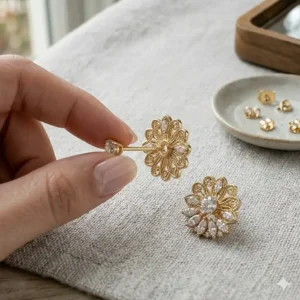 A close-up illustration showing a diamond stud being inserted through the center hole of a floral earring jacket.