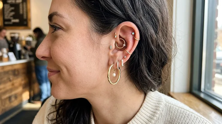 A model wearing large conch hoops in a gold hoop design, showcasing styled ear piercing jewelry.