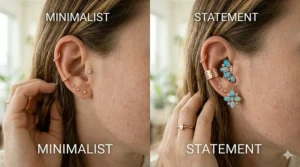 A detailed photorealistic 4K comparison showing the same ear with two different jewelry styles: a simple gold diamond stud for a minimalist look, and an elaborate multi-opal and diamond cluster for a statement style.