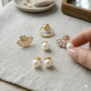 A creative illustration showing one pair of pearl studs paired with three different styles of earring jackets.