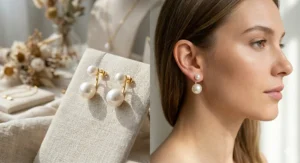 Elegant trendy front back earrings featuring a small white pearl stud and a larger pearl drop behind the ear.