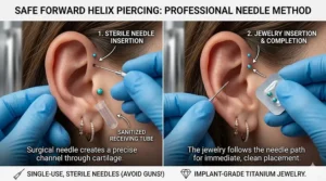 Educational graphic explaining the safe needle piercing method for forward helix cartilage jewelry.