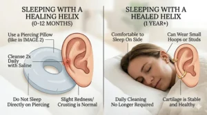 An infographic illustrating the difference between sleeping with a fresh helix piercing versus a fully healed one.