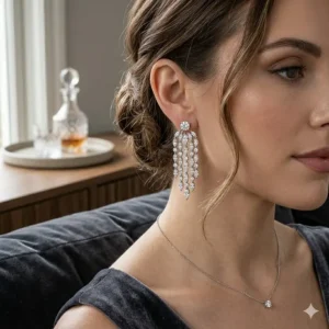 A stylized illustration of a woman wearing sparkling drop-style earring jackets for a formal evening look.