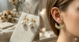 Celestial-themed trendy front back earrings with a sun-shaped stud and a crescent moon backing.