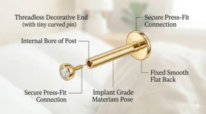 Close-up illustration of a threadless push-pin helix earring showing how it stays secure during movement at night.