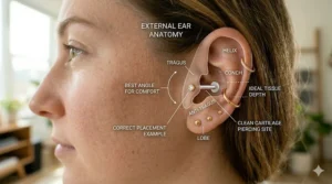 A detailed photorealistic 4K anatomical diagram illustrating the correct cartilage placement and angle for positioning the best tragus jewelry on the woman from previous images, using a gold diamond stud example.