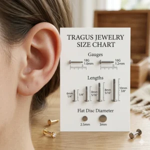 A size chart illustration highlighting optimal bar lengths and gauge sizes for selecting perfectly fitting, comfortable tragus earrings.